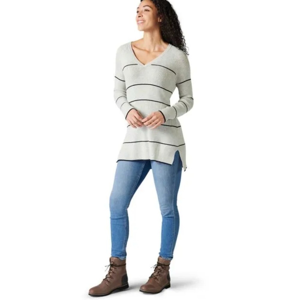 Smartwool Shadow Pine V-Neck Rib Tunic Sweater Womens S Gray Striped Merino Wool